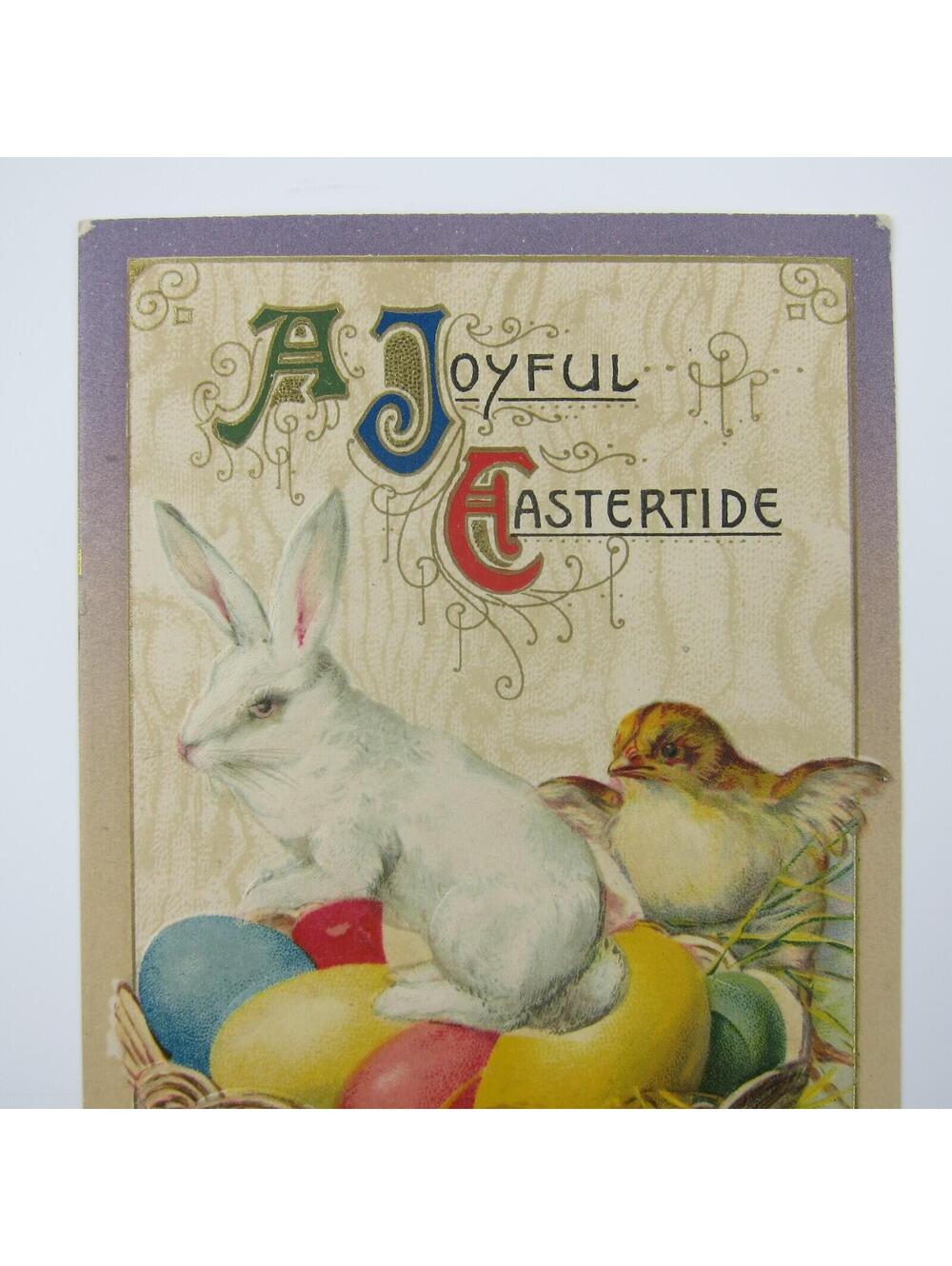 Easter White Rabbit & Chick  Sit on Colored Eggs in Basket Embossed Antique - Picture 10 of 16